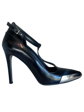Jason Wu Black Leather T-Strap Stiletto with Silver Cap Toe